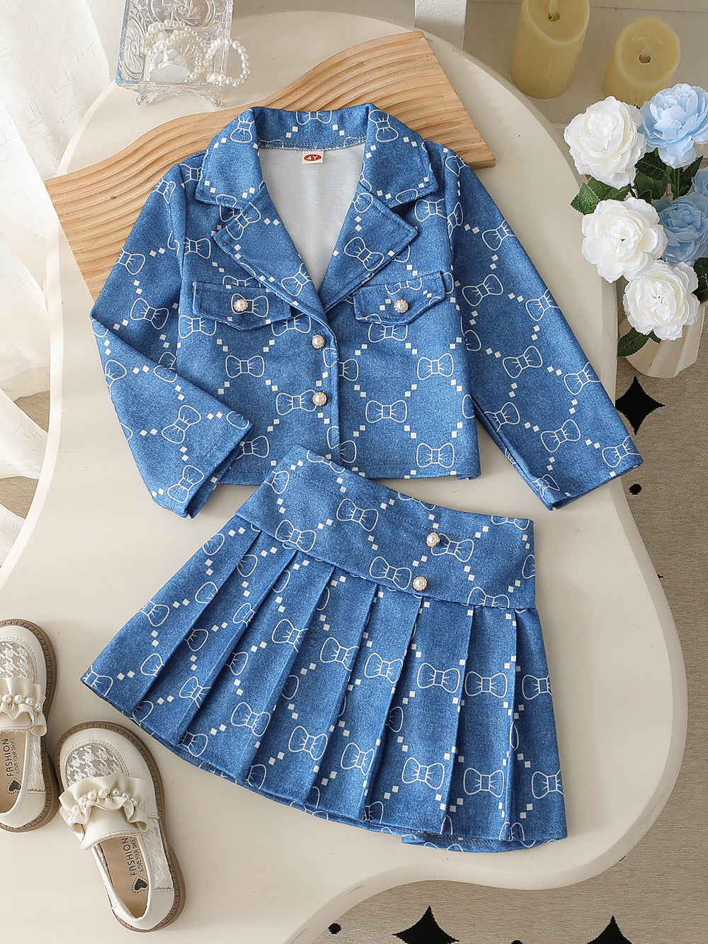 girls' fashion denim-style printed set with turn-down collar + pleated skirt top set