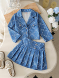 girls' fashion denim-style printed set with turn-down collar + pleated skirt top set