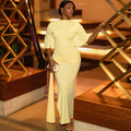European and american cross-border women's fashion:  autumn new arrivals - sexy backless, elegant, slim-fit, slit yellow dress