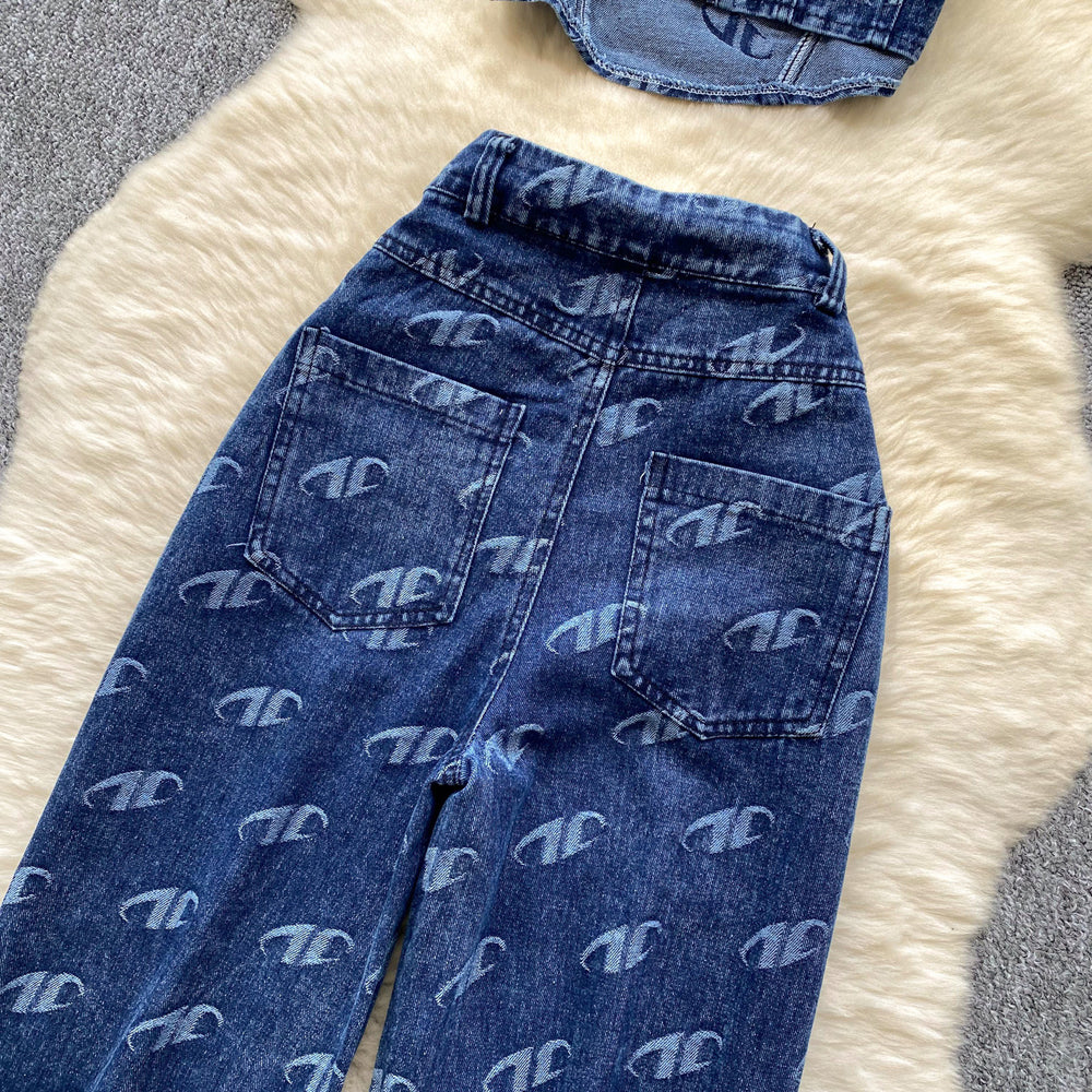 European and american hot girl style metal buckle printed bandeau top + high-waisted slimming long pants denim set - women's summer