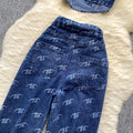 European and american hot girl style metal buckle printed bandeau top + high-waisted slimming long pants denim set - women's summer
