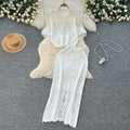 Cut out age reduction suit female k-stylefashionlooseeasiest for match lapel short-sleeved knittingtopshigh waist silm skirt