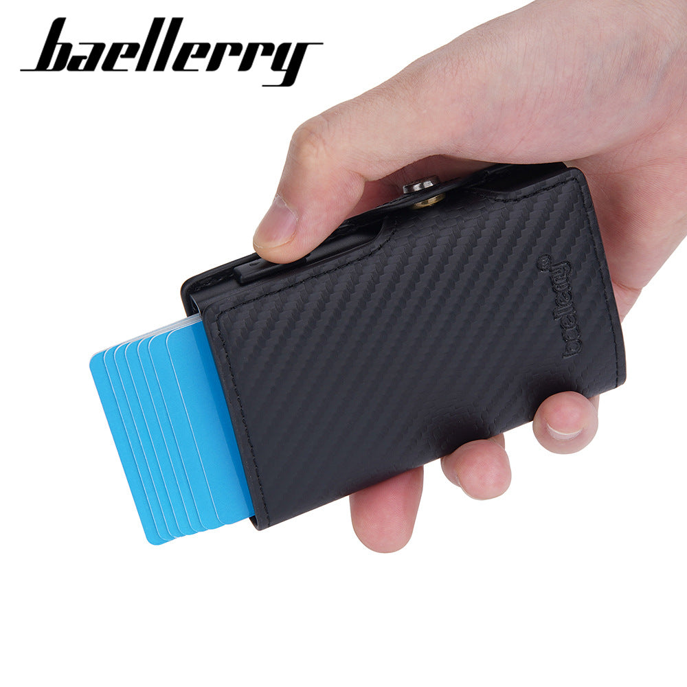 Baellerry new men's card bag carbon fiber RFID anti-theft side push buckle elastic card metal aluminum box card clip