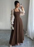 European and american cross-border  french color block bowknot fairy maxi dress - solid black body with high-waisted paneling