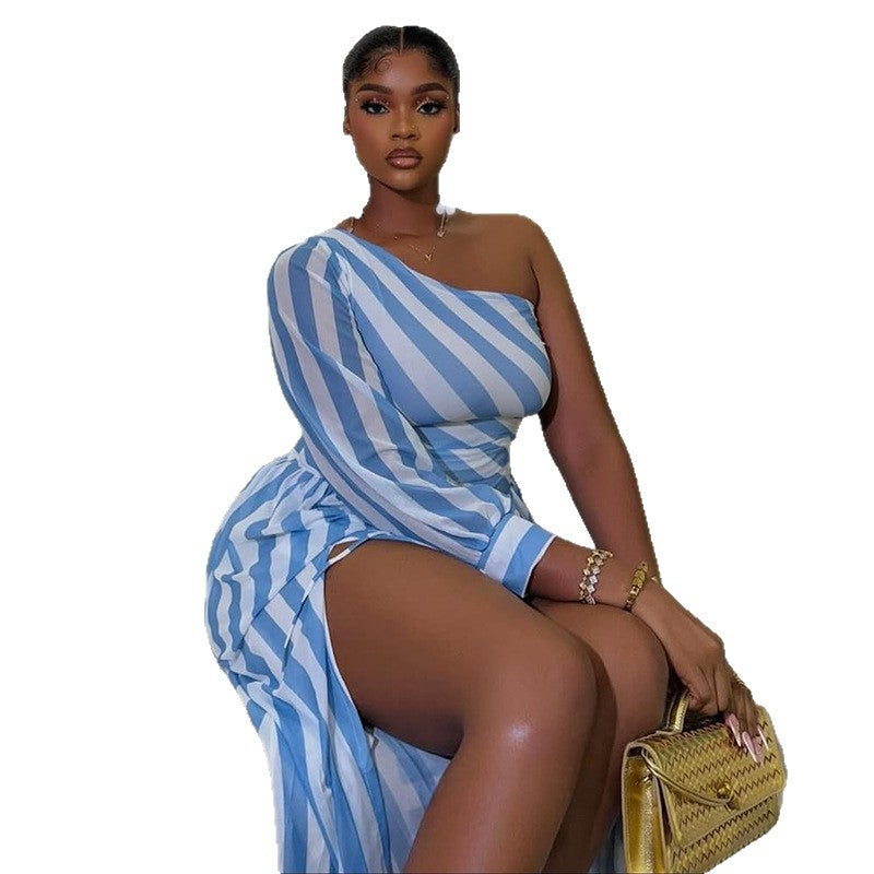 Fashion styleexportprinting women's slit stripes waist asymmetrical skirt one-shoulder slanted collar long sleevescasualdress