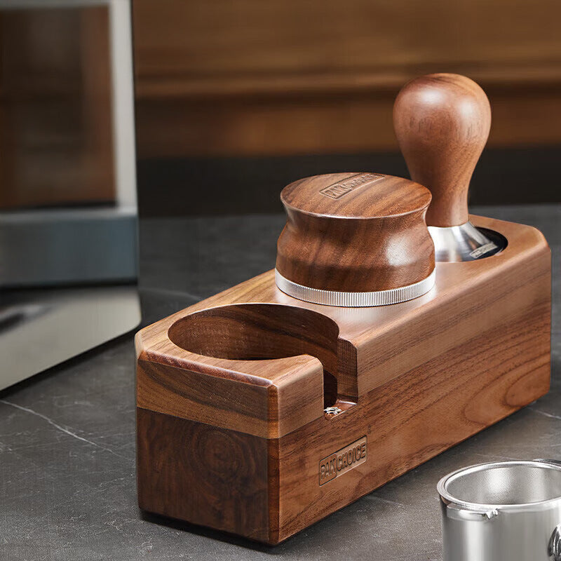 Walnut coffee tamper set - 3 piece: tamper, storage base, and accessories