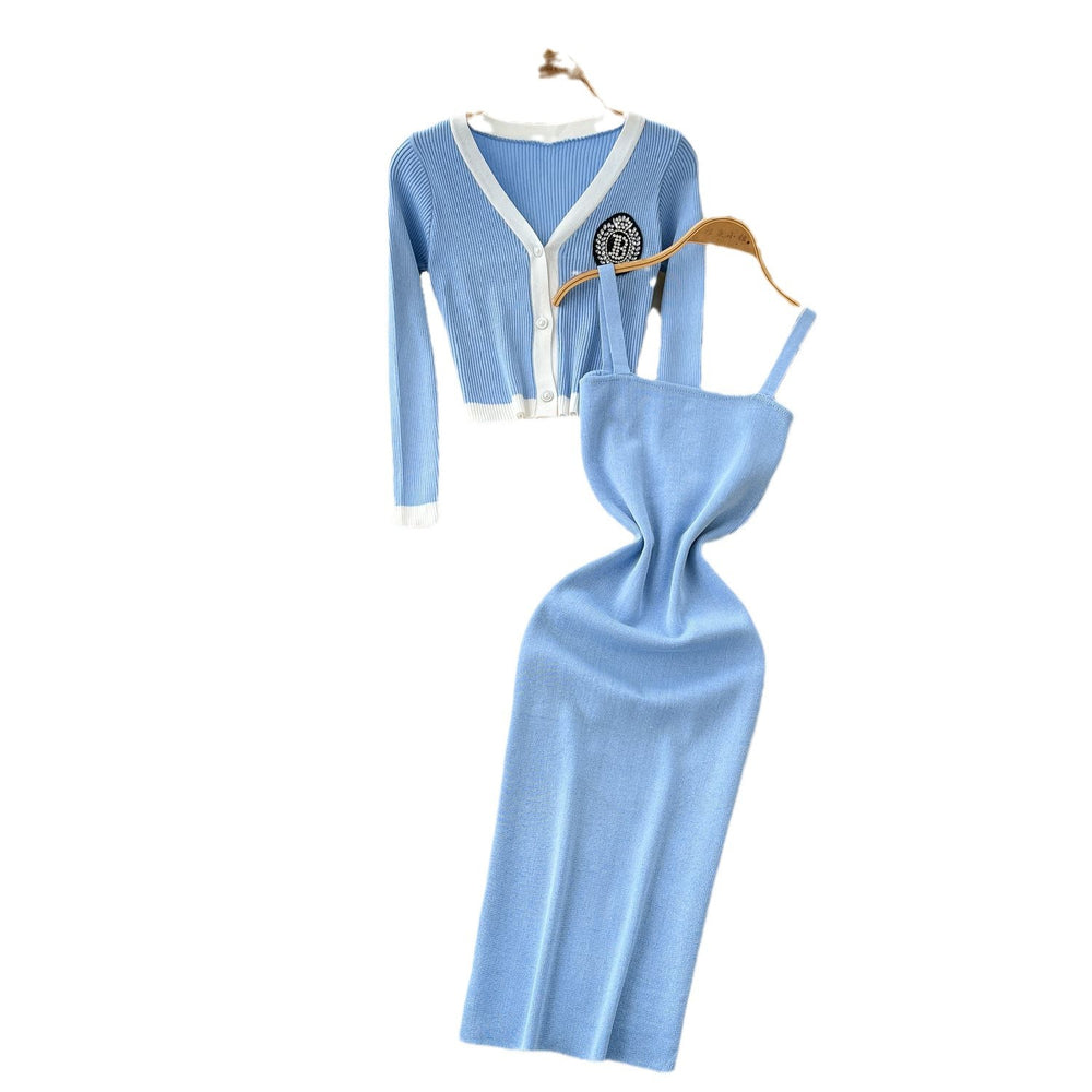 Classy sense v neck diamond-encrusted embroiderlong sleevesknittingcardigan women's winter french stretch tight hip-hugging suspender dress