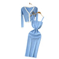 Classy sense v neck diamond-encrusted embroiderlong sleevesknittingcardigan women's winter french stretch tight hip-hugging suspender dress