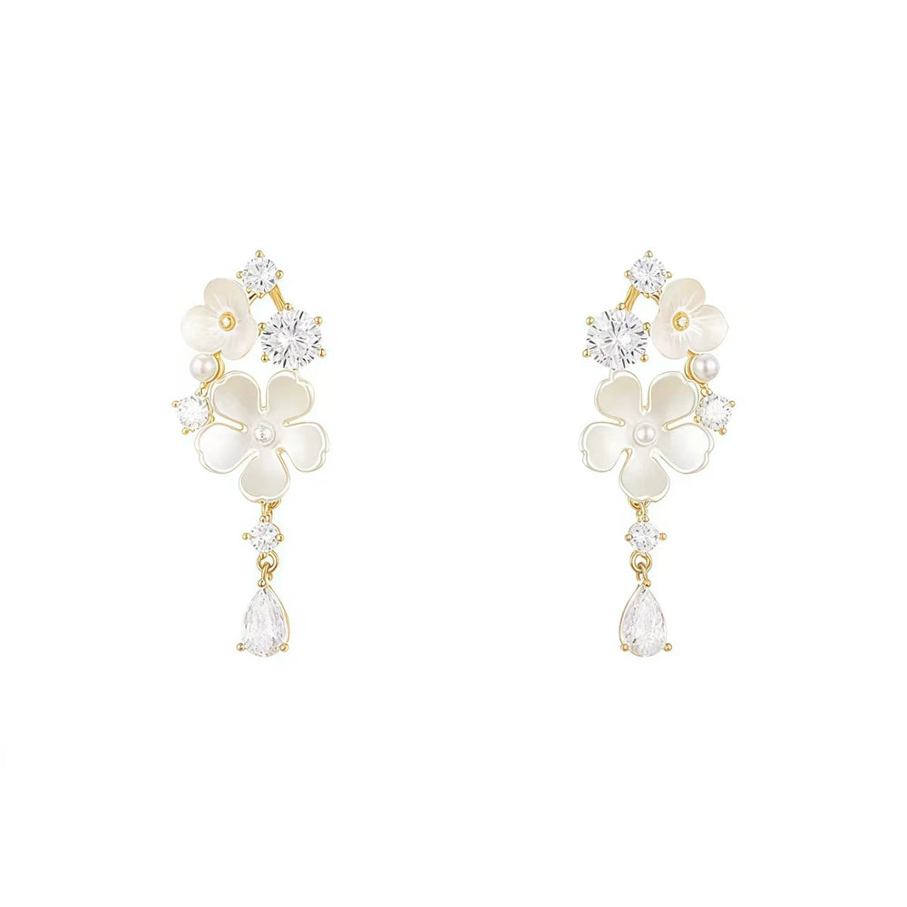 French-style cubic zirconia flower tassel earrings - women's luxury, high-end, and exquisite stud earrings. ethereal, trendy, and chic