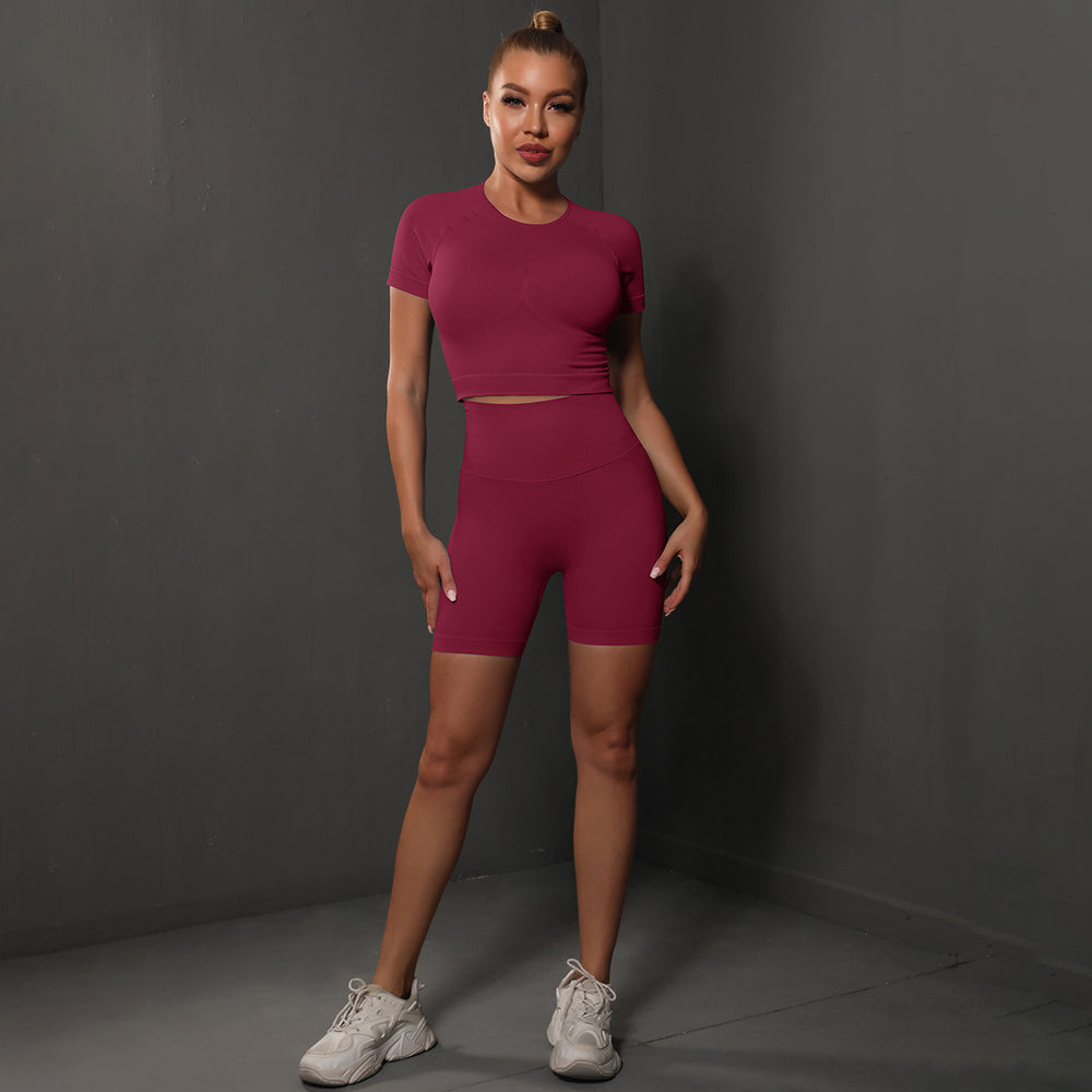 fashion seamless peach butt pure color high elastic yoga short sleeve shortssuitrunning sports fitness two-piece set
