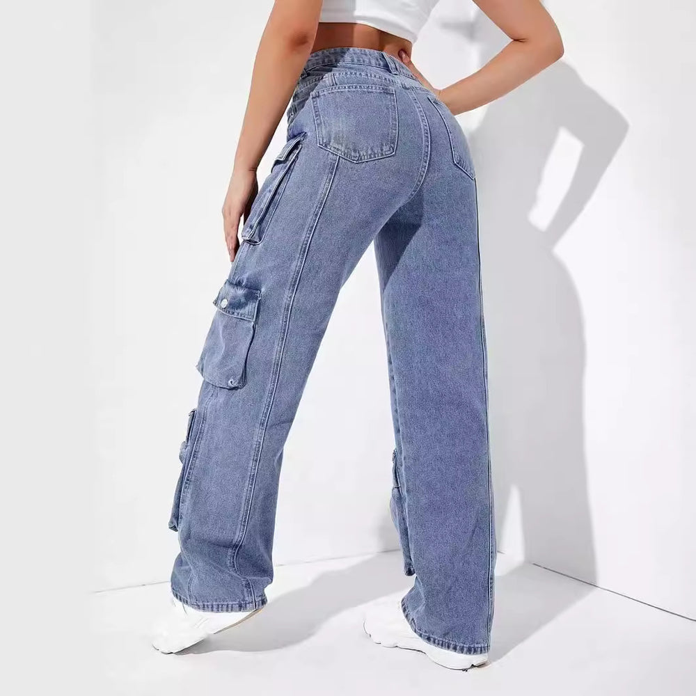 Y2k style hot-selling women's jeans: new  &  zipper multi-pocket straight-leg washed cargo pants