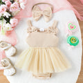 new european and american style sleeveless ribbed solid color gauze dress triangle romper + bow headband for baby girls