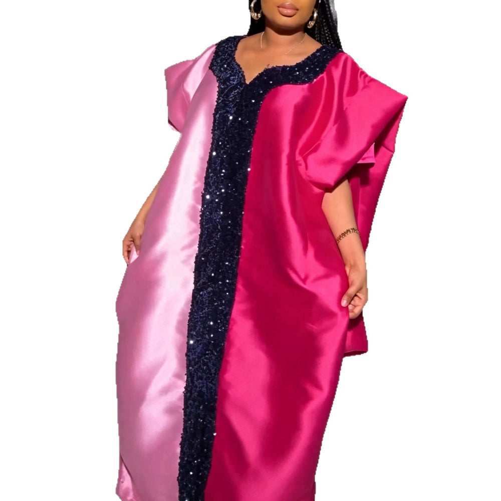 New african party dress - color block batwing sleeve design satin robe bubudress