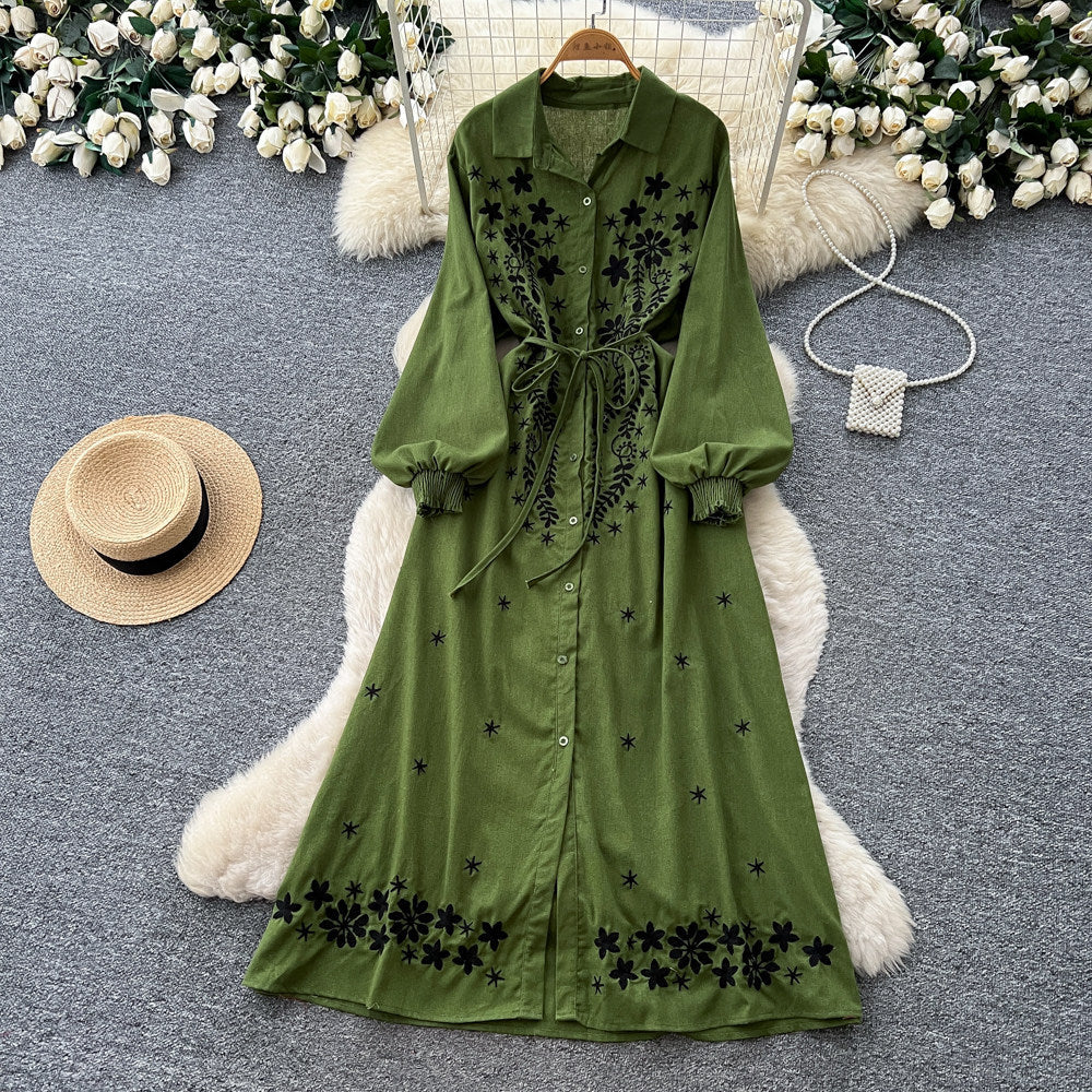 K-stylefloralsembroider silm type dress women's summerlong sleeves lapel waist slimming look a-line skirt work clothingelegant skirt