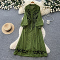 K-stylefloralsembroider silm type dress women's summerlong sleeves lapel waist slimming look a-line skirt work clothingelegant skirt