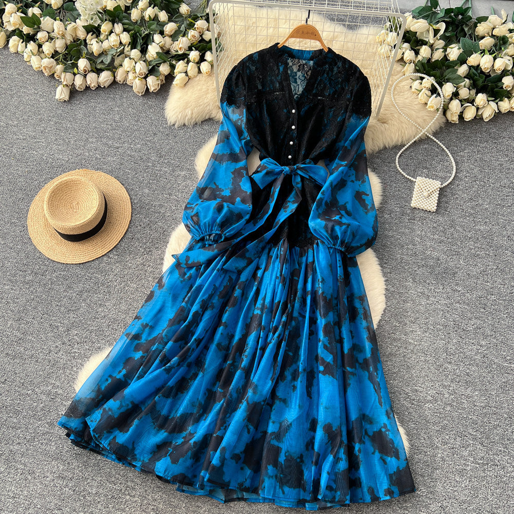 Gentle wind lacepatchworkelegantdress women's summerclassy sense of binding color matching waist printing long skirt work clothing