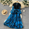 Gentle wind lacepatchworkelegantdress women's summerclassy sense of binding color matching waist printing long skirt work clothing