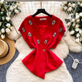Sense of designasymmetrical heavy industry diamond-encrusted v neck short-sleeved shirt for women springniche style shawl outweartops trendy
