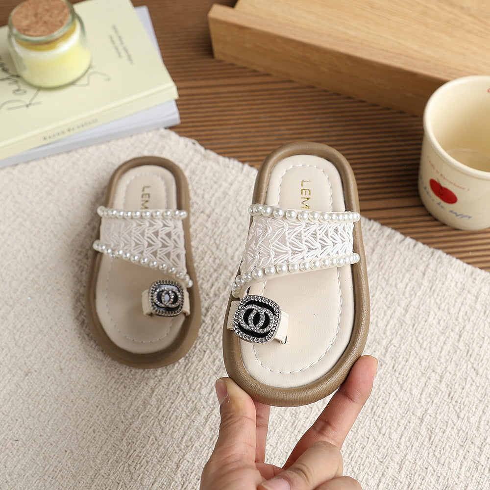 Vancahao girls' fashion beaded sandals & slippers - new summer collection for little girls, open-toe flip-flops for outdoor wear, kids' slippers
