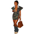 new summer european and american style women's clothing casual distressed heavy wash sleeveless high slit camouflage loungewear set