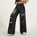 European and american heavy-duty distressed black and grey wash wide-leg jeans - women's high-waisted straight-leg streetwear hot girl style trousers