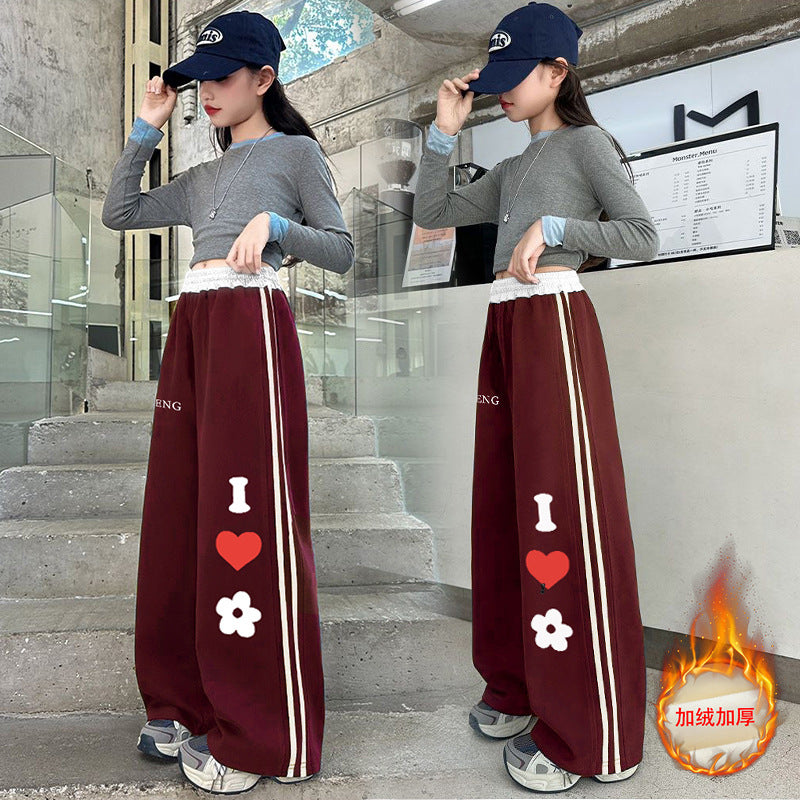 Girls'  fleece-lined casual autumn new arrivals: wide-leg pants for girls, heart-patterned sweatpants for students, loose-fit pants for mid-to-large children