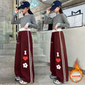 Girls'  fleece-lined casual autumn new arrivals: wide-leg pants for girls, heart-patterned sweatpants for students, loose-fit pants for mid-to-large children