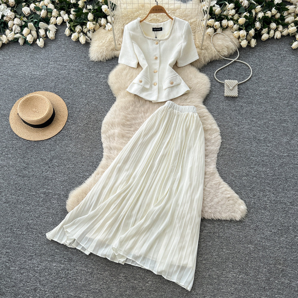 Xiaoxiangfeng pink two-piece set women's summer short-sleeved high waist waist light mature style pleated skirtaccessible luxuryelegantsuit