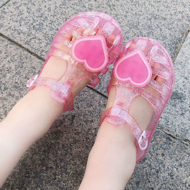 European and american fashion summer baby girl crystal toe jelly sandals and slippers - girls' casual heart-shaped princess beach shoes