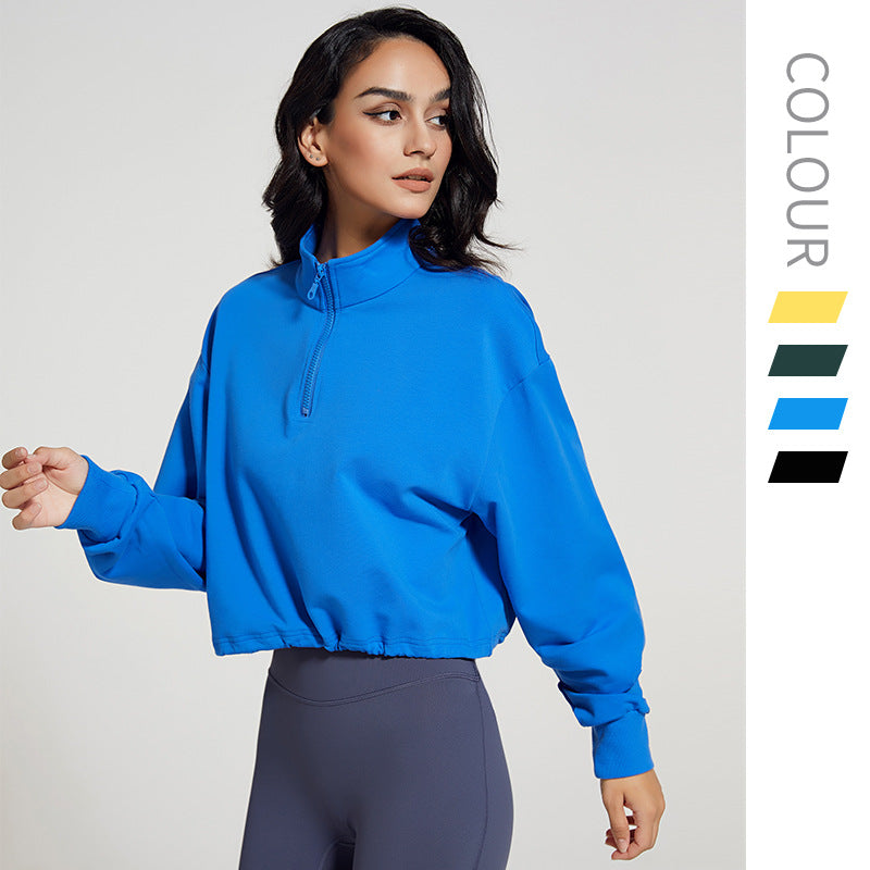 new european and american style stand collar fitness sweatshirt for women - loose fit zipper drawstring long sleeve yoga top t-shirt