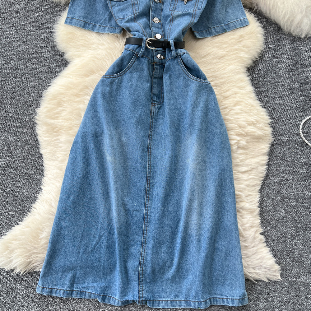 summer new arrival: women's short-sleeve denim dress - designer vintage polo collar, single-breasted, cinched waist, midi length