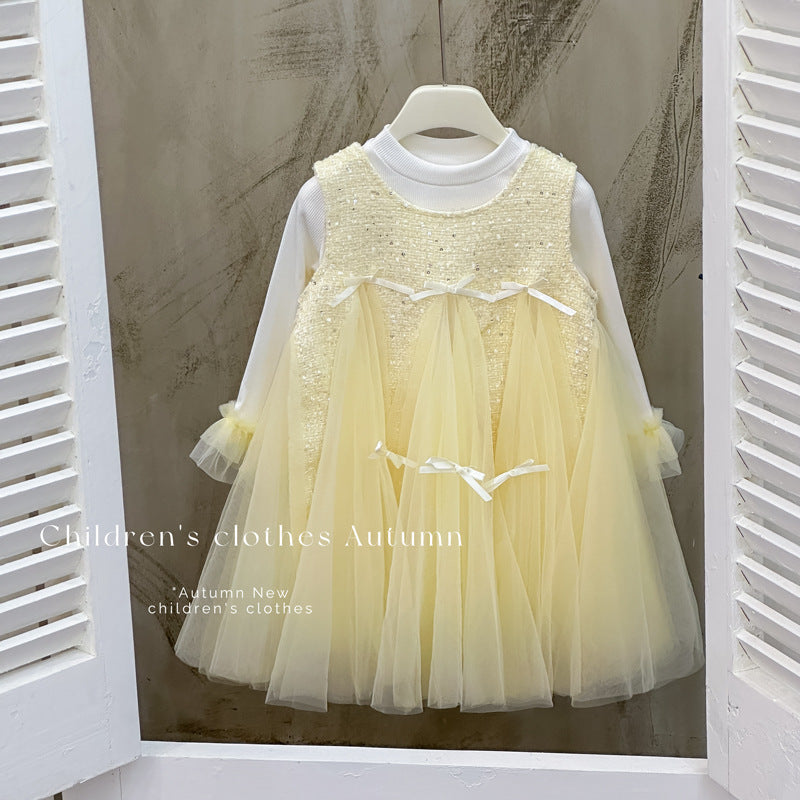 Girls' dress - new autumn  collection: stylish and sweet mesh skirt, chanel-inspired patchwork dress with bow detail, perfect for special occasions