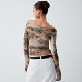 European and american style retro 3d printed sexy off-the-shoulder pleated crop top slim-fit t-shirt for women, new spring  collection