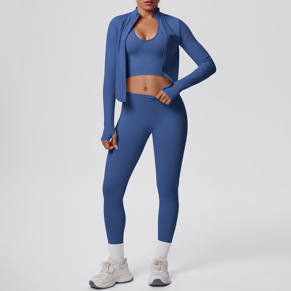 New solid color knitted compression seamless yoga set - quick-dry, breathable, outdoor casual running & fitness 3-piece set