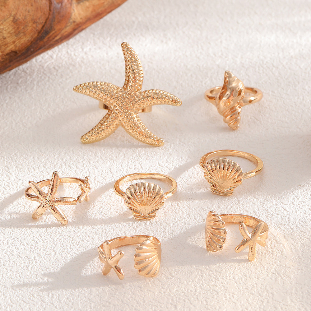 Wholesale ring sets: cross-border ocean-inspired jewelry - starfish, seashell, knuckle rings, irregular ins-style stackable rings