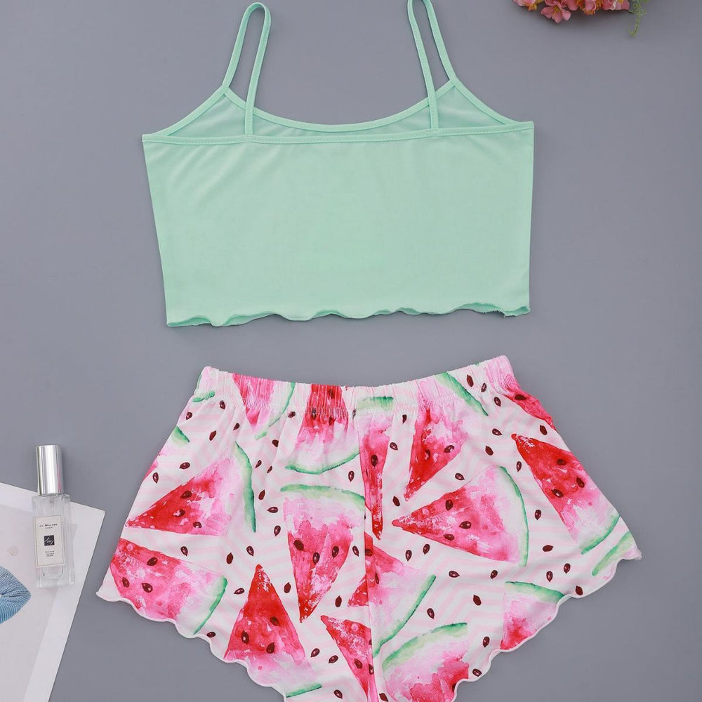 European and american style new women's loungewear set: camisole top and shorts pajamas with watermelon print - cute and trendy