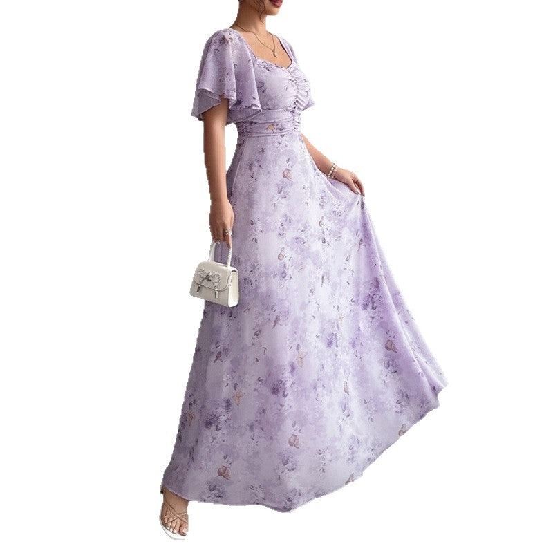 cross-border european and american women's clothing: new summer collection - elegant printed ruffle sleeve slim-fit dress, perfect for vacation