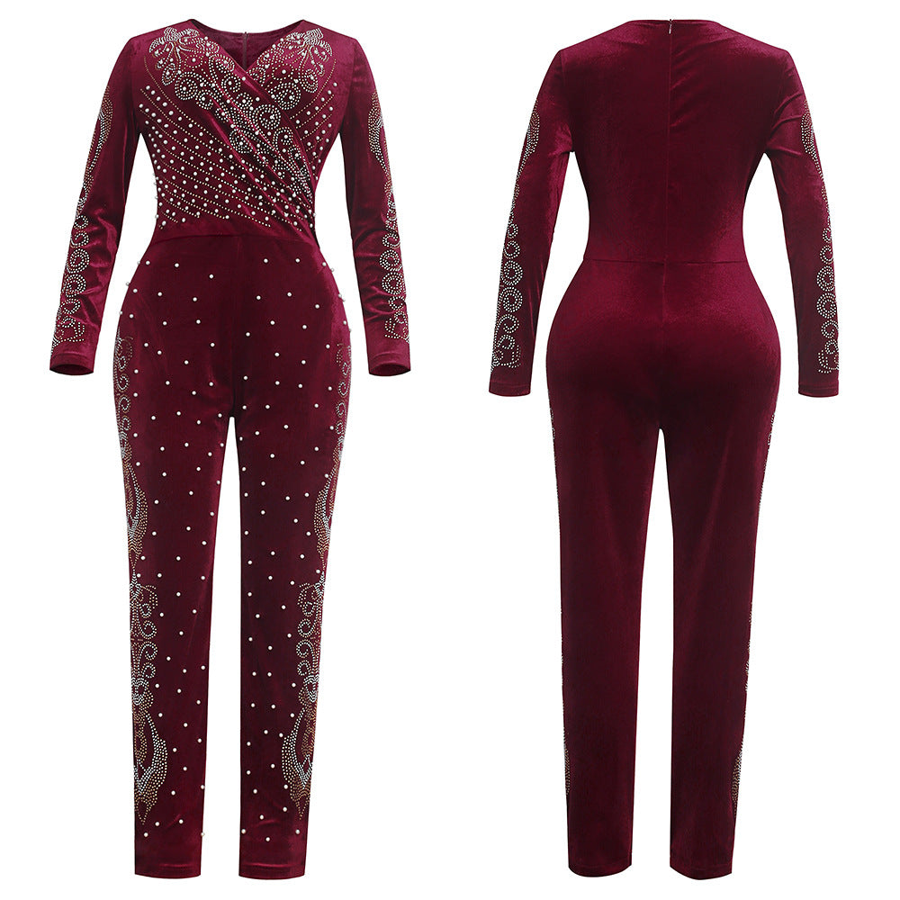 supply fall and winter new products heavy industry hot diamond beading   flannel long sleeves jumpsuit african women