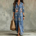 Plus size women's floral print maxi dress - denim-look fabric, turn-down collar, open front, loose fit, casual beach dress - wholesale available