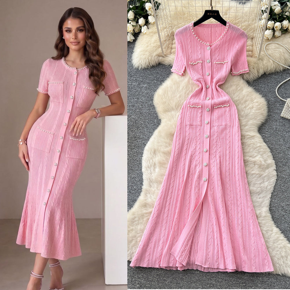 French chic single-breasted knit dress - women's summer short sleeve cutout slim fit elegant maxi dress