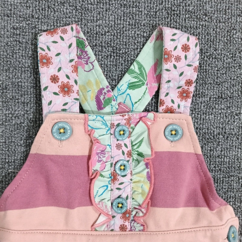 Original girls' spring/autumn pink striped overalls with floral print, mint green lace trim, soft, comfortable, and sweet long pants