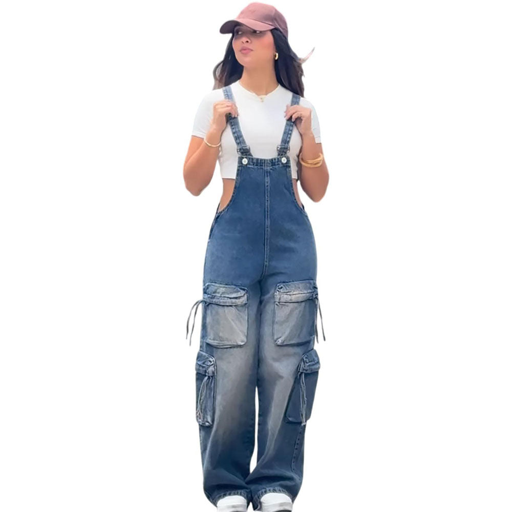 European and american style women's casual straight-leg denim overalls -  cross-border women's streetwear multi-pocket denim jumpsuit