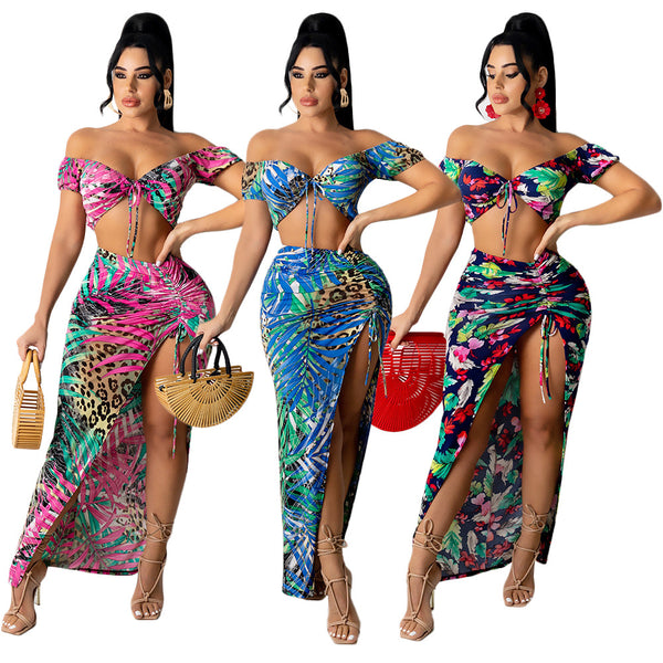 S390109 European and American  women's clothing new popular sexy strap printed top hollow drawstring skirt set