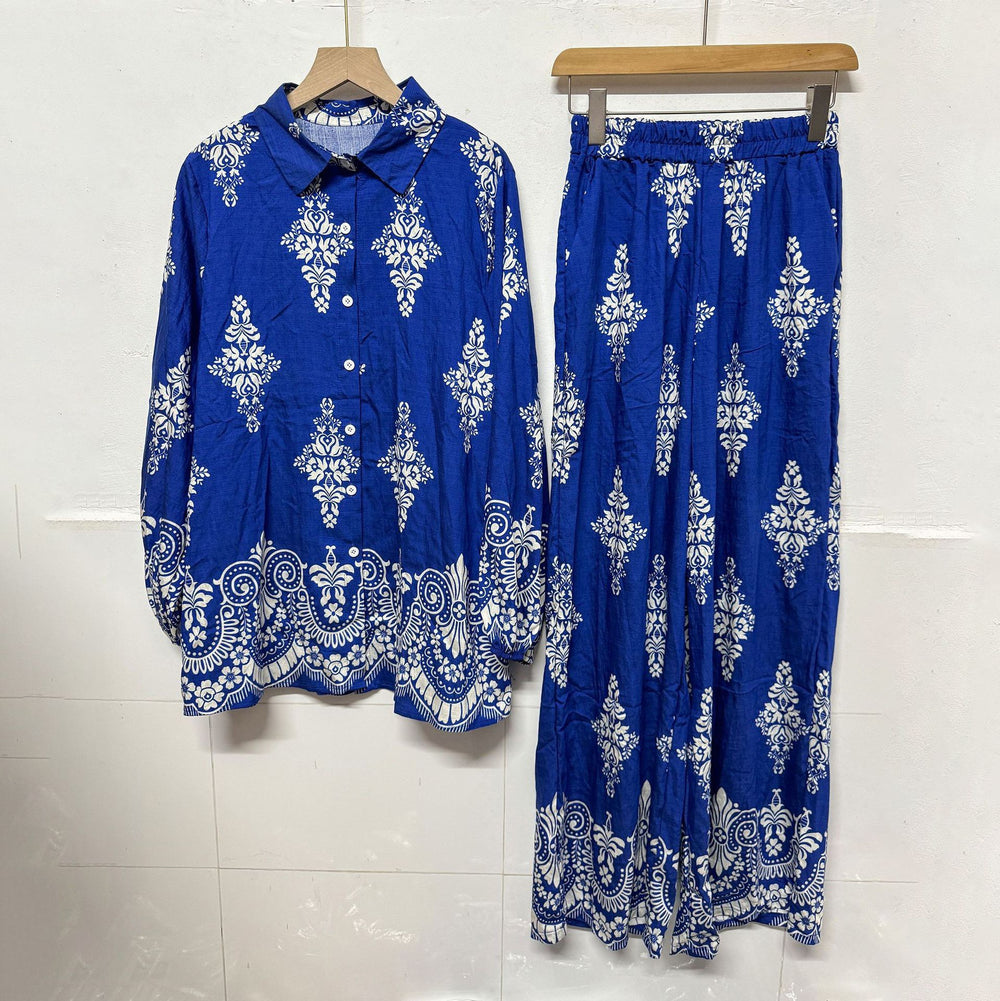 retro style printed lantern sleeve sun protection shirt with turn-down collar and cinched waist + high-waisted slimming wide-leg pants set