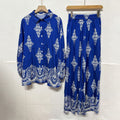 retro style printed lantern sleeve sun protection shirt with turn-down collar and cinched waist + high-waisted slimming wide-leg pants set