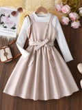 girls' beige sundress with long-sleeve top and bow belt - two-piece outfit