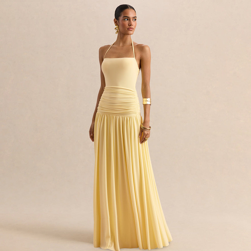 Amazon cross-border fashion style women's eleganthaltertie backbackless suspender waist slimming look pleated dress for women