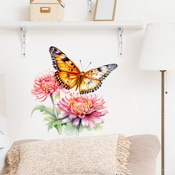 Cartoon butterfly two large pink flowers combination beautiful decorative sticker layout bedroom living room study  explosion single