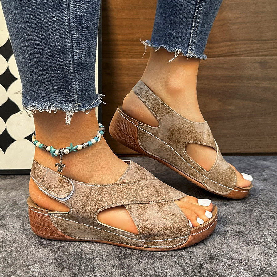 Women's color block platform sandals - 2026 summer new arrival - cutout criss-cross strap european & american wedge heel roman sandals wholesale