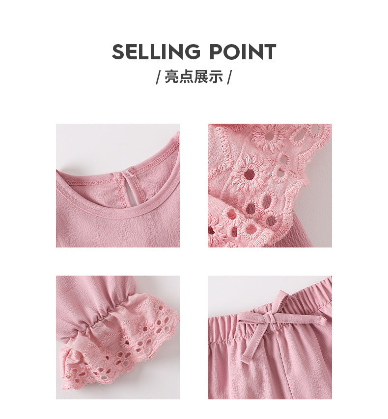 Girls' pink lace trim crewneck sweatshirt and bowknot patchwork pants set - stylish two-piece outfit for spring and autumn